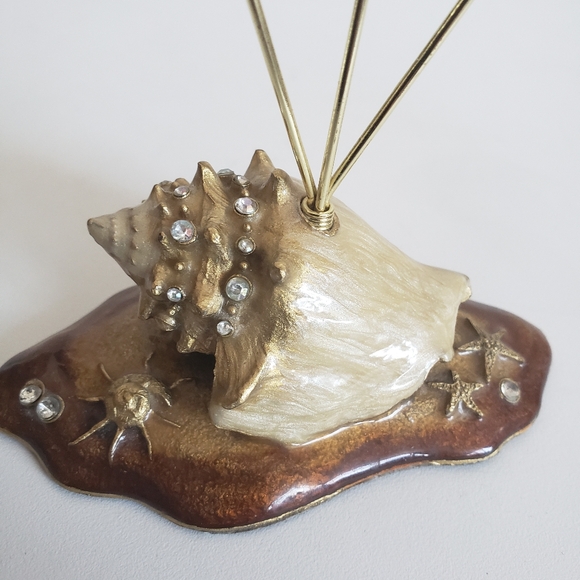 #Seashell Enamel Rhinestone Photo Card Holder Gold Tone Wire Ring - Picture 11 of 15